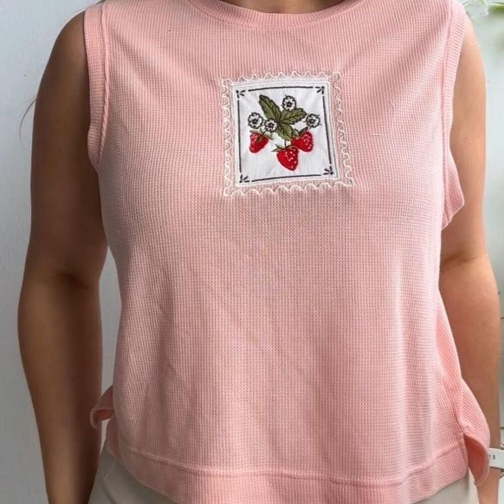 Upcycled pale pink embroidered strawberry stamp waffle knit boxy fit tank